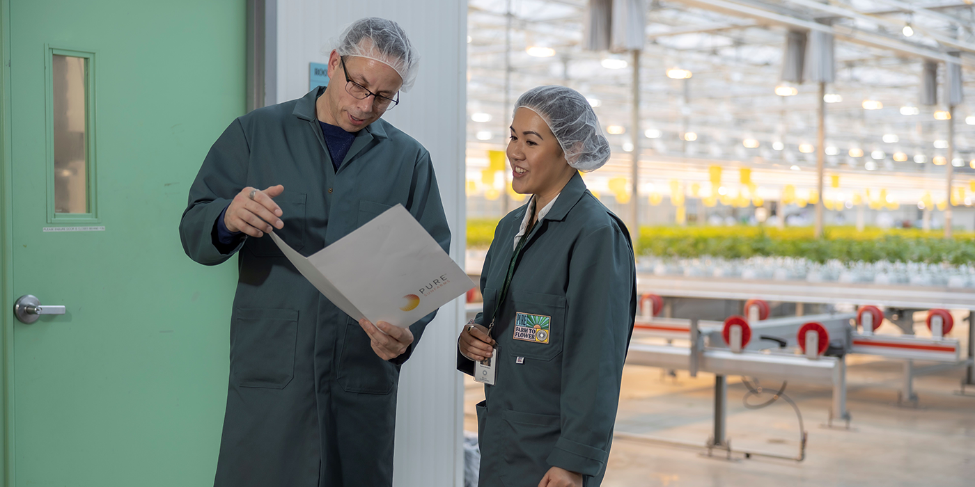 Two workers reviewing some materials in their workplace.